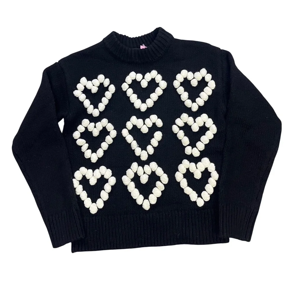 ENGLISH FACTORY Black Sweater Heart Applique Mock Neck Long Sleeve Women's Med - Picture 2 of 9
